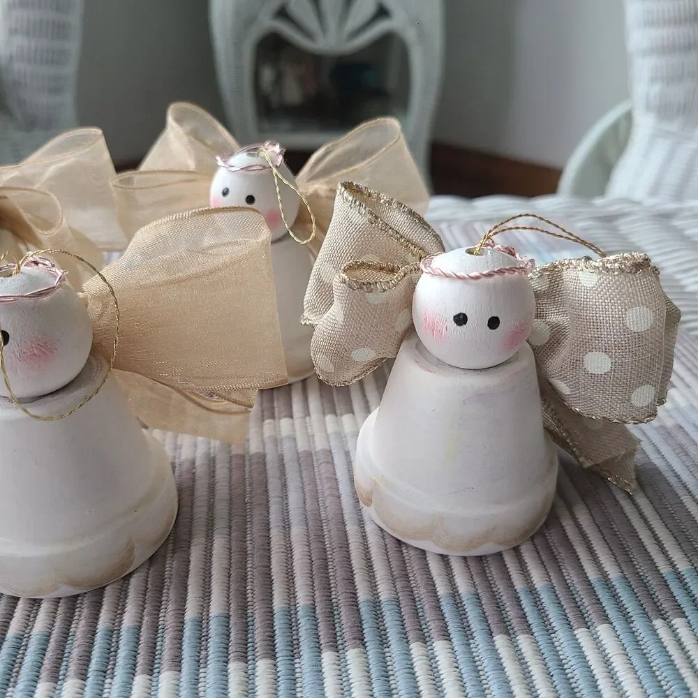Vintage Handcrafted Mini Clay Pot Holiday Angel Ornaments - Set of 7 - Christmas
